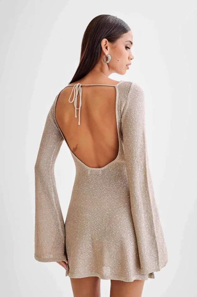 Women Meshki Dresses Zahra Open Back Mini Sequin Knit Dress 8211 Taupe