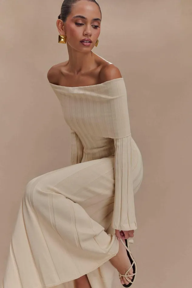 Women Meshki Tops Alonza Long Sleeve Knit Midi Dress 8211 Cream
