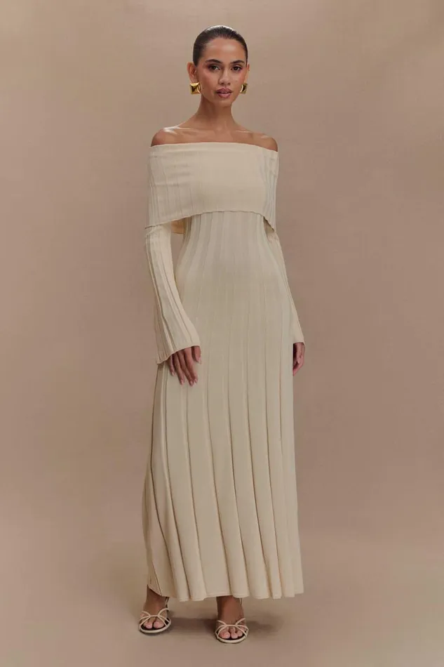 Women Meshki Tops Alonza Long Sleeve Knit Midi Dress 8211 Cream