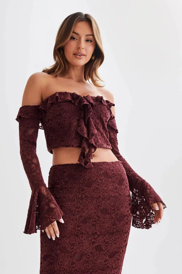 Women Meshki Tops Artemis Lace Plisse Off Shoulder Top 8211 Plum