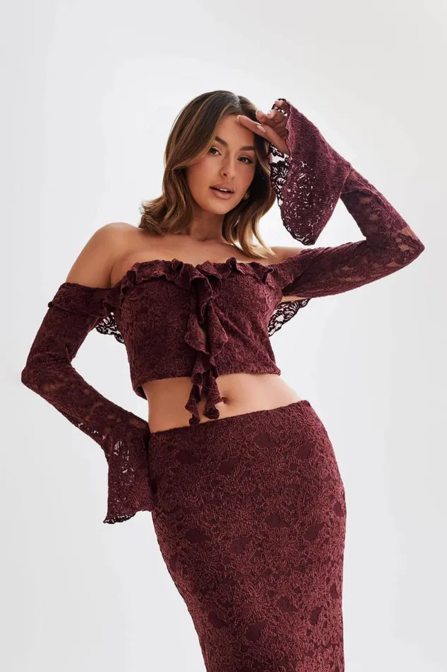 Women Meshki Tops Artemis Lace Plisse Off Shoulder Top 8211 Plum