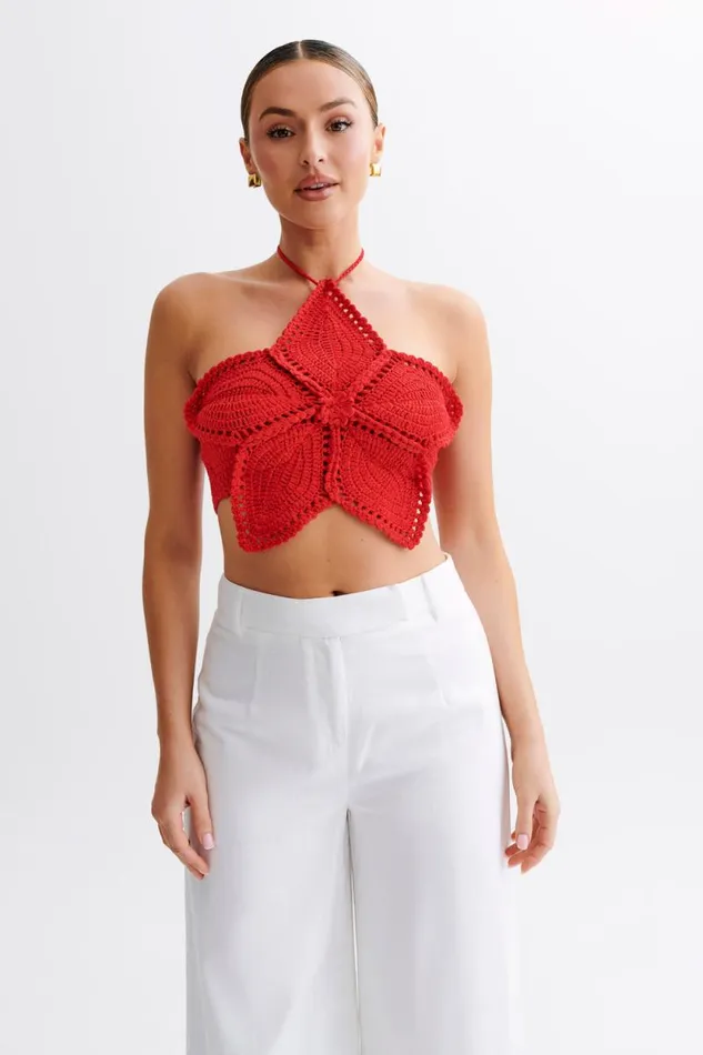 Women Meshki Tops Bailey Floral Crochet Halter Top 8211 Pomegranate