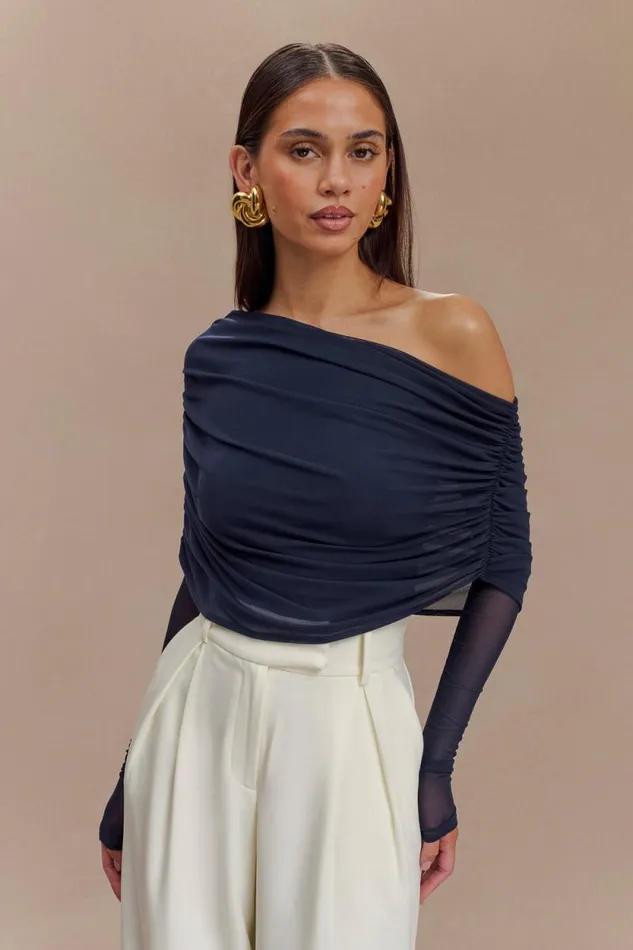 Women Meshki Tops Everly Sheer Mesh Off Shoulder Top 8211 Dark Navy