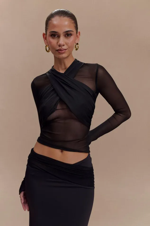 Women Meshki Tops Tania Slinky And Mesh Long Sleeve Top 8211 Black