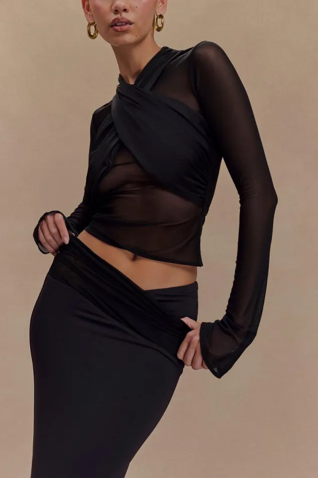 Women Meshki Tops Tania Slinky And Mesh Long Sleeve Top 8211 Black