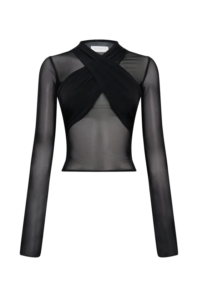 Women Meshki Tops Tania Slinky And Mesh Long Sleeve Top 8211 Black