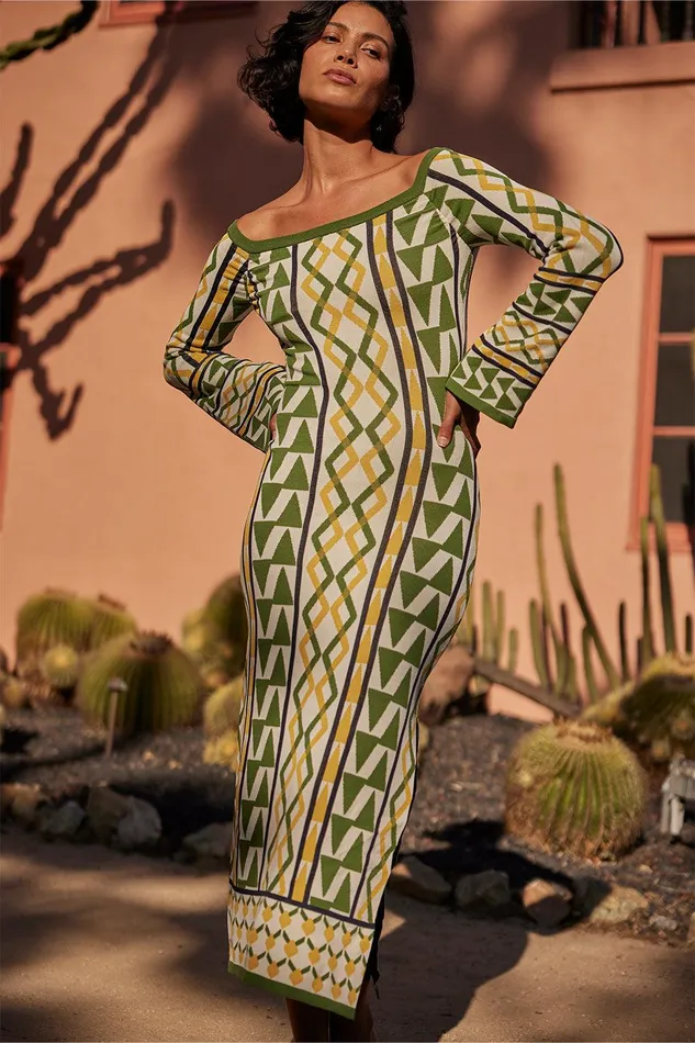Women MISA Los Angeles Knits JAQUETTA DRESS Limoncello Geo Jacquard