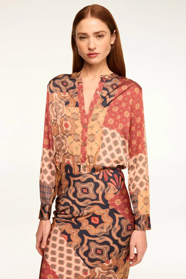 Women MISA Los Angeles Matching Sets FRANKIE TOP Surreal Patchwork Satin