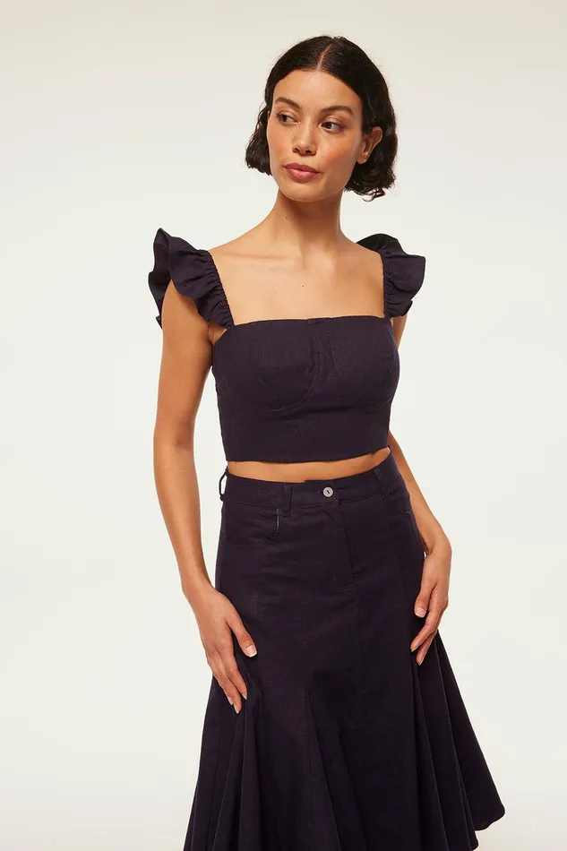 Women MISA Los Angeles Matching Sets MIYA TOP Navy Linen