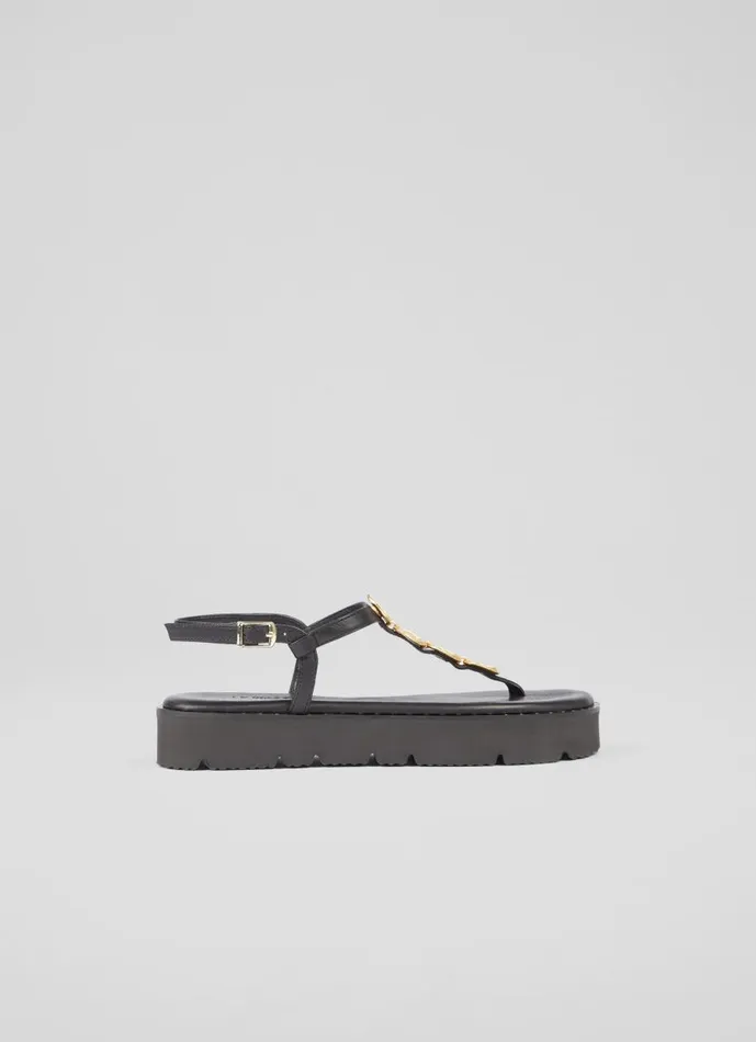 Women Sandals LKBennett Gaia Black Leather Gold Coin Sandals Black