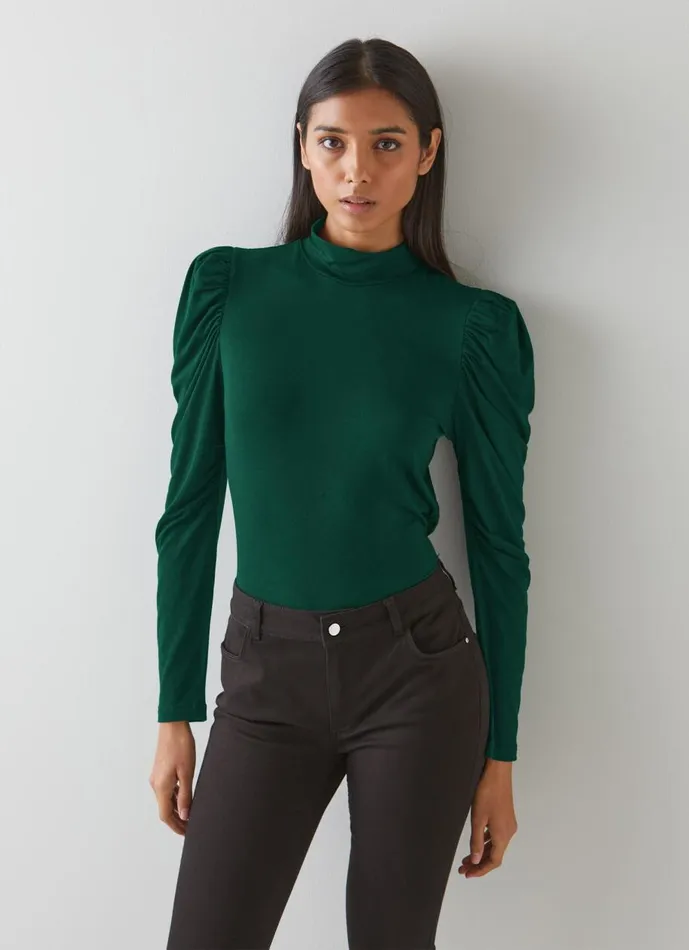 Women Tops LKBennett Cora Green Jersey Puff Sleeve Turtle Neck Top Forest