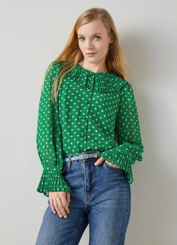 Women Tops LKBennett Dita Green And Blue Spot Print Blouse Green Blue