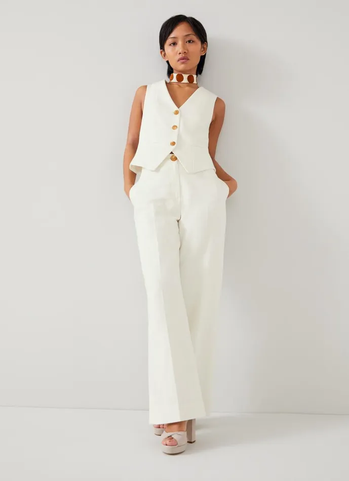 Women Trousers LKBennett Ami Petite Cream Italian Cotton WideLeg Trousers Ecru