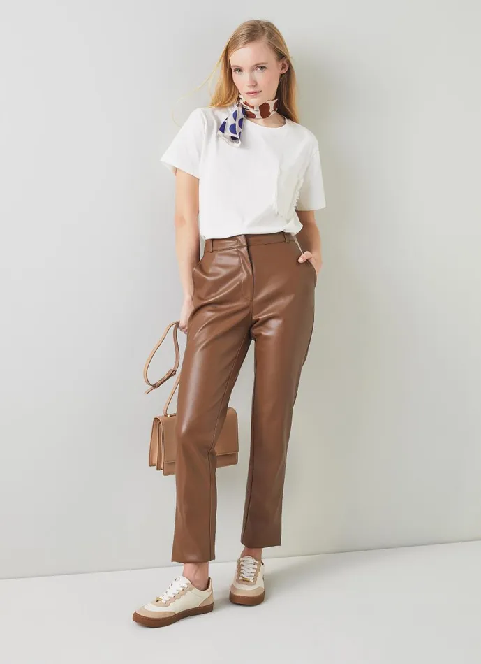 Women Trousers LKBennett Hardy Brown Faux Leather Trousers Conker