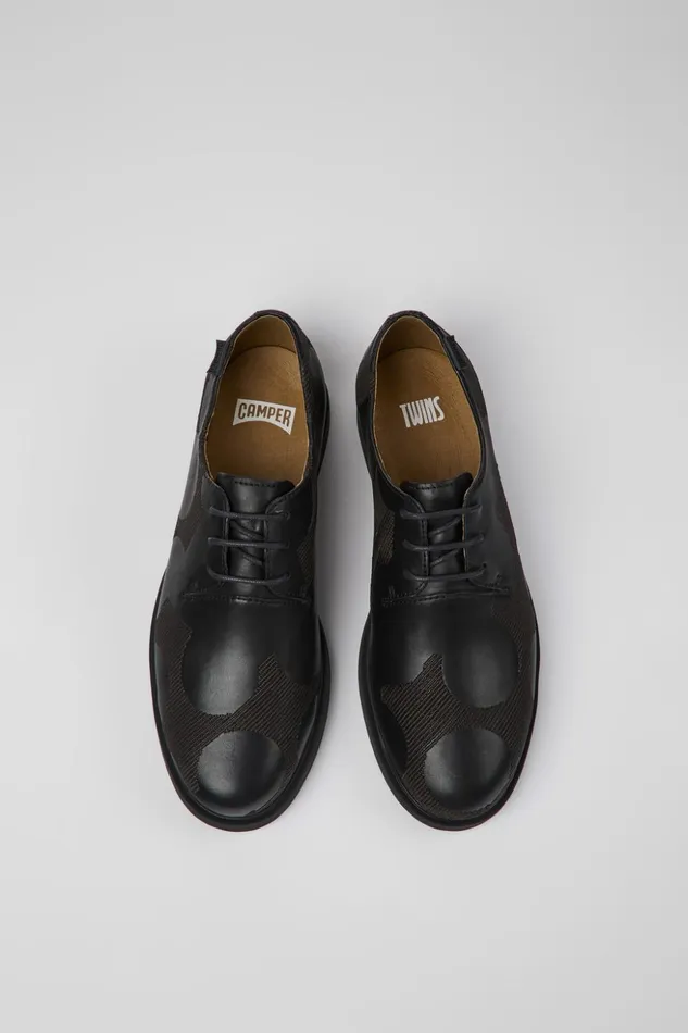 Women Twins Black Leather Shoes Camper Flat Shoes