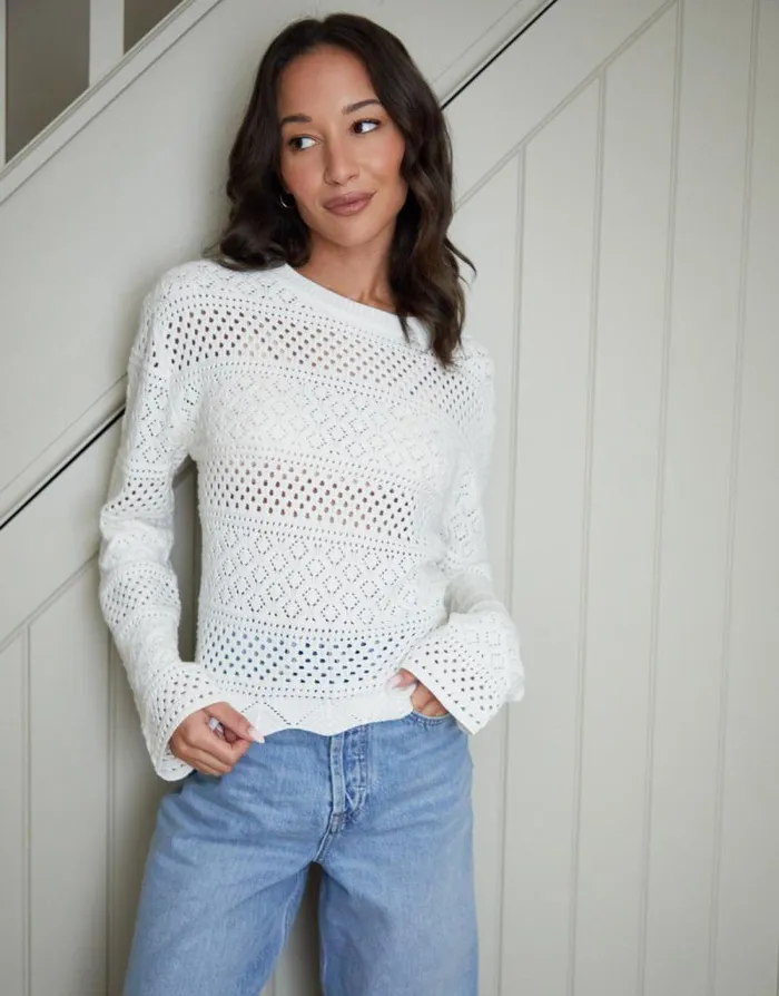 Women White Long Sleeve Pointelle Crochet Knit Jumper Threadbare Jumpers