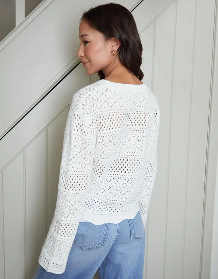 Women White Long Sleeve Pointelle Crochet Knit Jumper Threadbare Jumpers Women White Long Sleeve Pointelle Crochet Knit Jumper Threadbare Jumpers