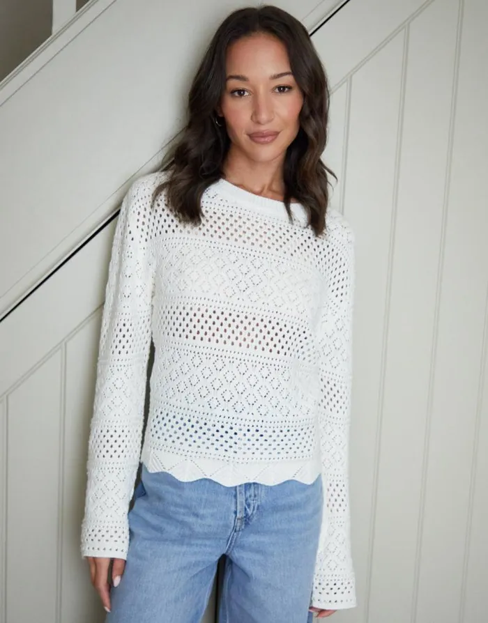 Women White Long Sleeve Pointelle Crochet Knit Jumper Threadbare Jumpers Women White Long Sleeve Pointelle Crochet Knit Jumper Threadbare Jumpers