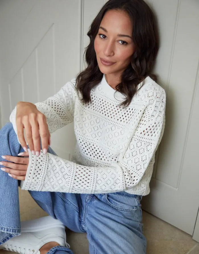 Women White Long Sleeve Pointelle Crochet Knit Jumper Threadbare Jumpers Women White Long Sleeve Pointelle Crochet Knit Jumper Threadbare Jumpers